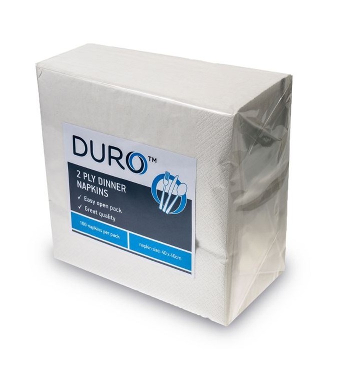 Duro 2ply White Dinner Napkin 400x400mm 1/4 Fold