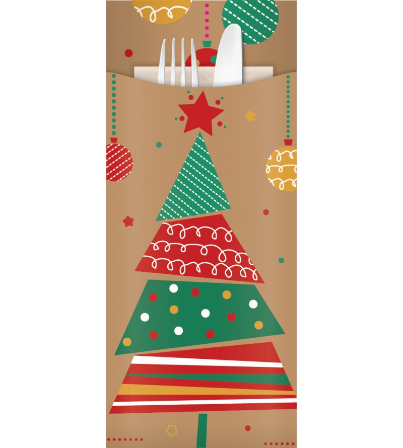 Yiassoo Christmas Kraft Cutlery Pouch w/3ply White Napkin 85x200mm
