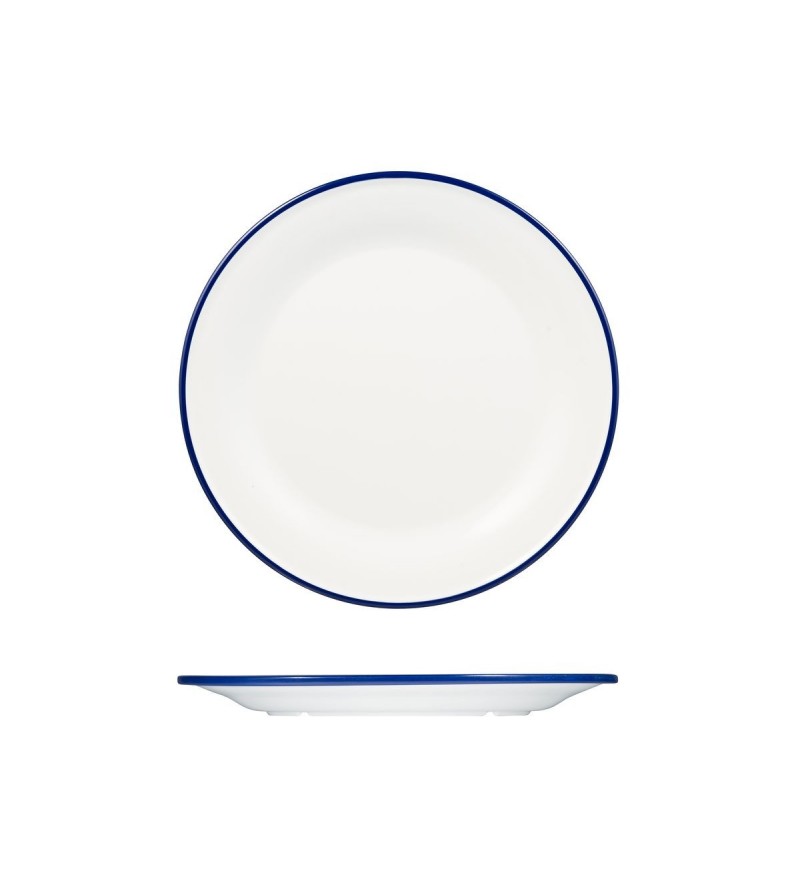Evoke 270mm Round Plate Wide Rim White with Blue Rim Ryner Melamine (12)